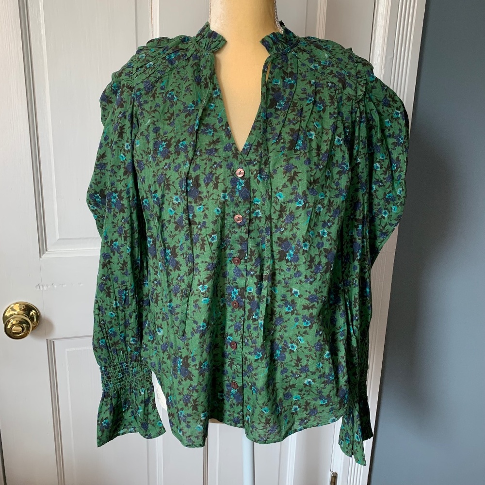Free People Ruffle Neck Button Down Green Floral Blouse Size XS